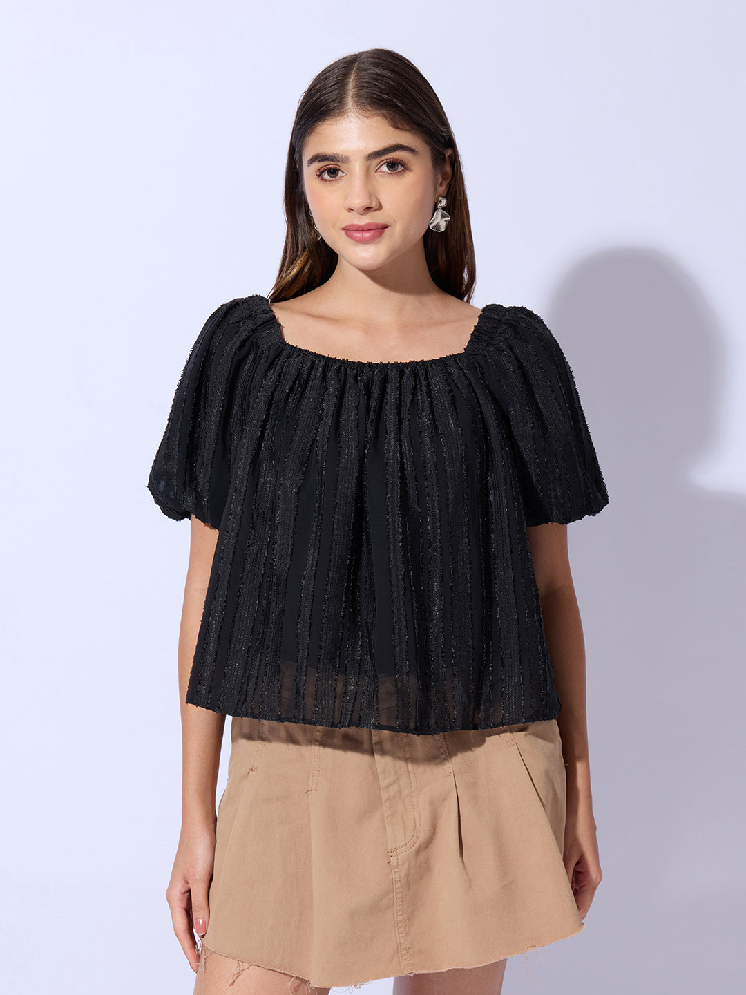Women's Black Off-Shoulder Puff Sleeve Bardot Top