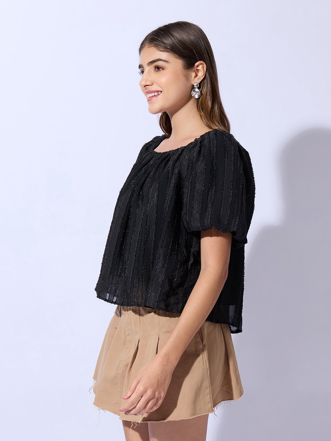 Women's Black Off-Shoulder Puff Sleeve Bardot Top