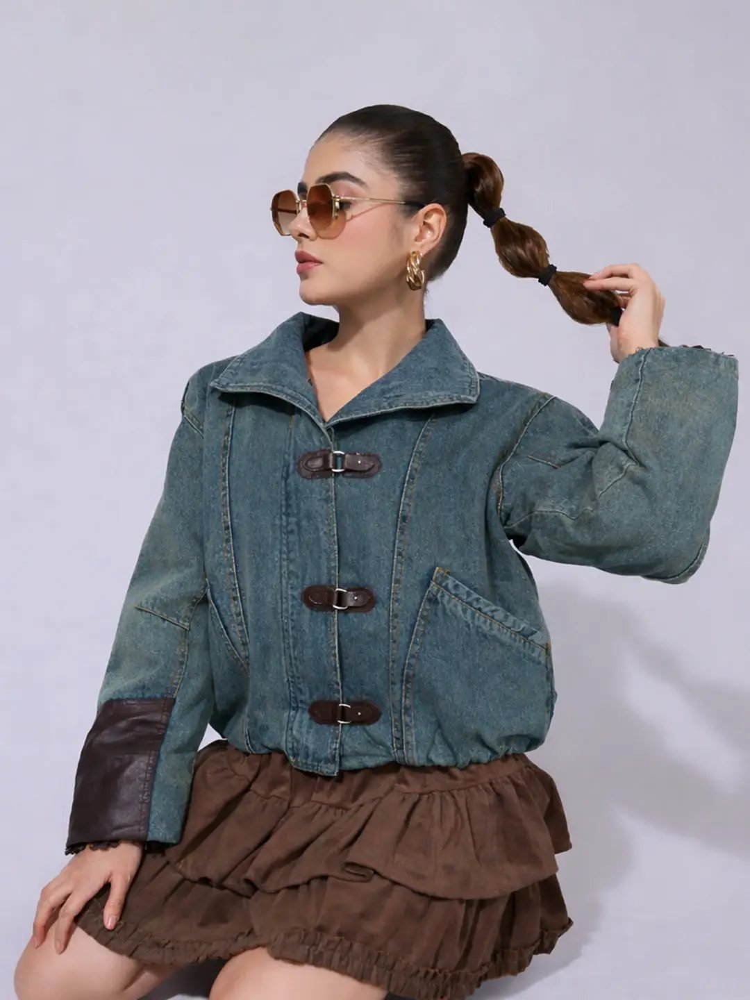 Women's Blue Denim Jacket with Toggle Closure