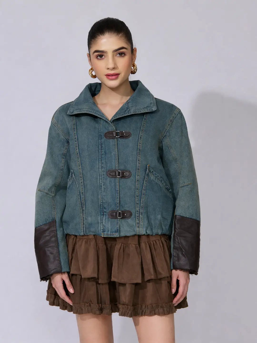 Women's Blue Denim Jacket with Toggle Closure
