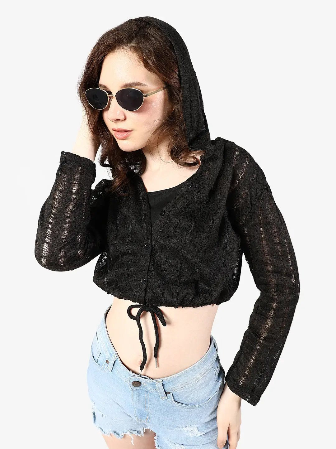 Women's Textured Black Semi Sheer Hooded Crop Top with Inner - from SHOWOFFFF