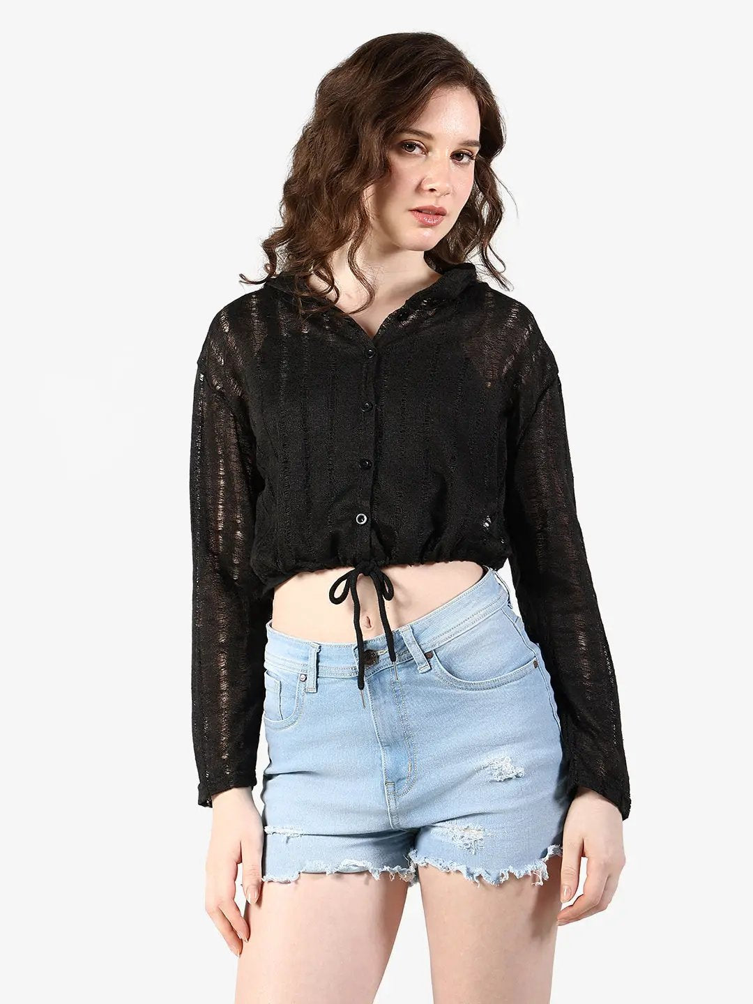 Women's Textured Black Semi Sheer Hooded Crop Top with Inner - from SHOWOFFFF