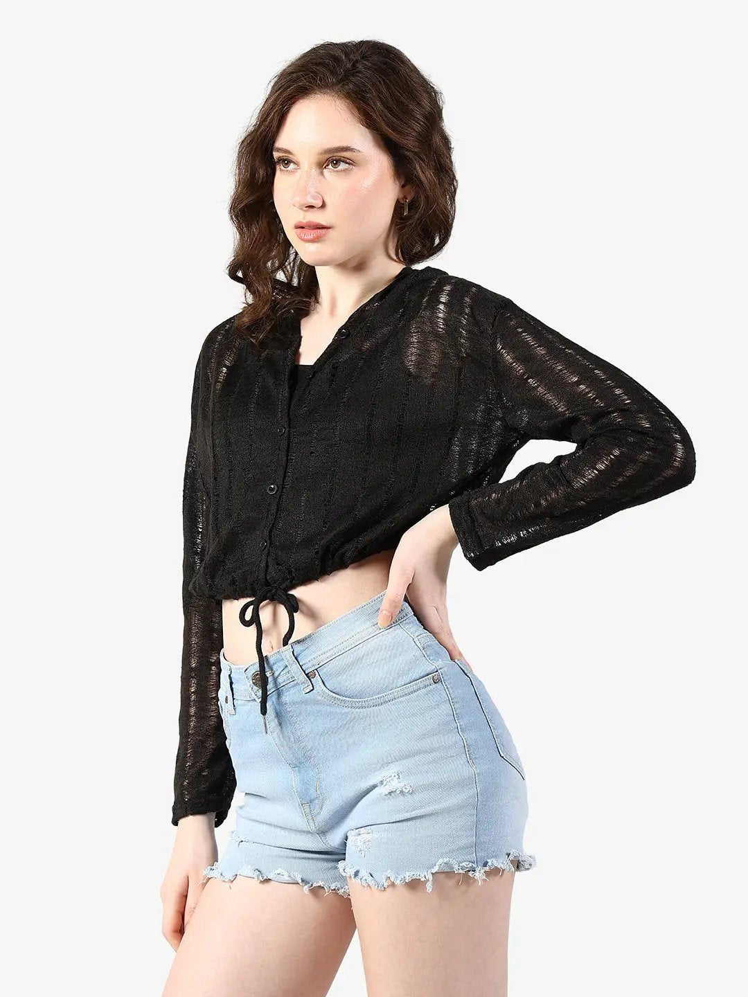 Women's Textured Black Semi Sheer Hooded Crop Top with Inner - from SHOWOFFFF