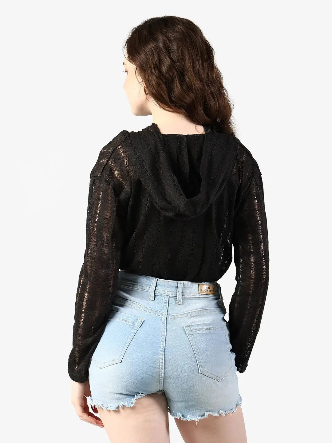 Women's Textured Black Semi Sheer Hooded Crop Top with Inner - from SHOWOFFFF