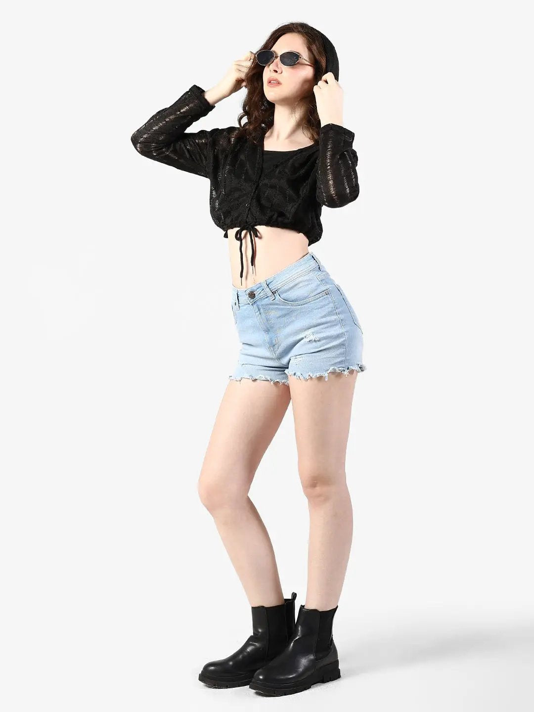 Women's Textured Black Semi Sheer Hooded Crop Top with Inner - from SHOWOFFFF