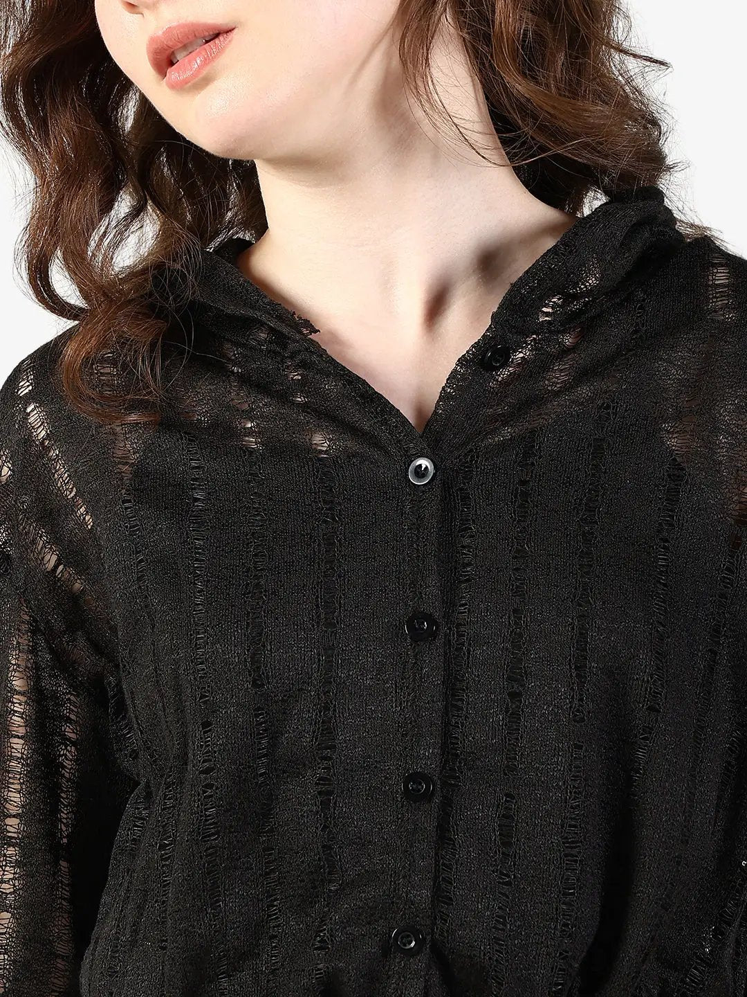 Women's Textured Black Semi Sheer Hooded Crop Top with Inner - from SHOWOFFFF