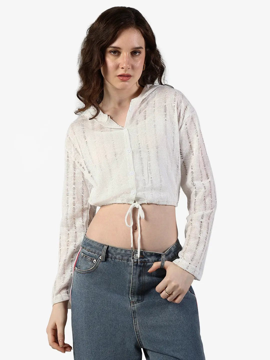 Women's Textured White Semi Sheer Hooded Crop Top with Inner - from SHOWOFFFF