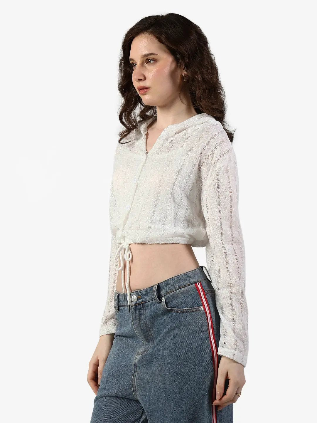 Women's Textured White Semi Sheer Hooded Crop Top with Inner - from SHOWOFFFF