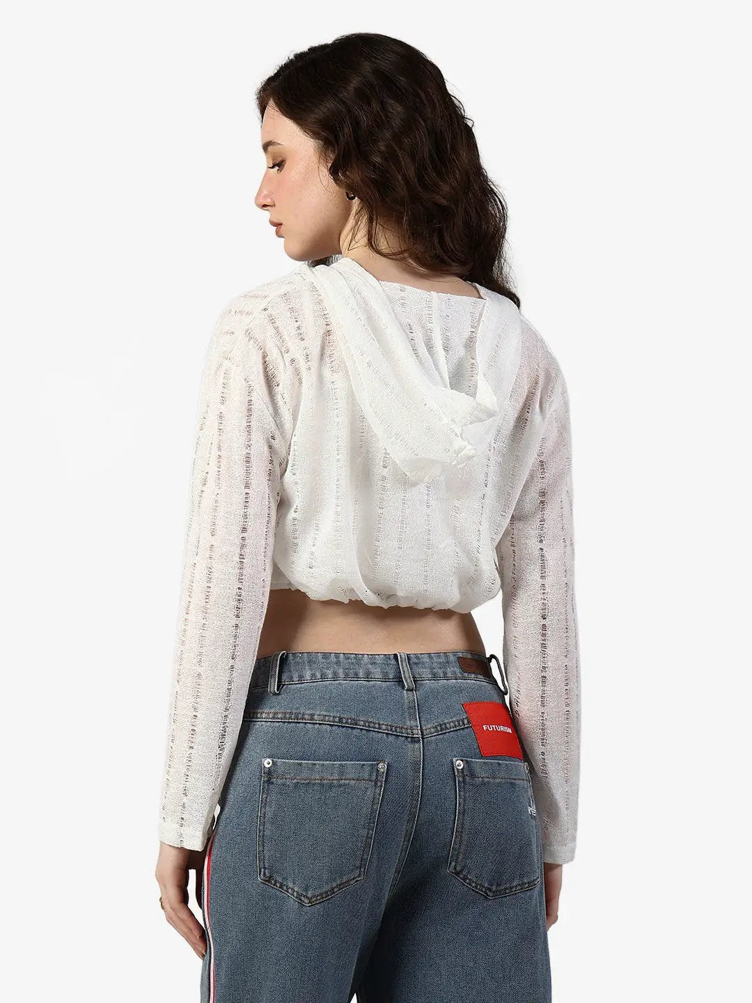 Women's Textured White Semi Sheer Hooded Crop Top with Inner - from SHOWOFFFF