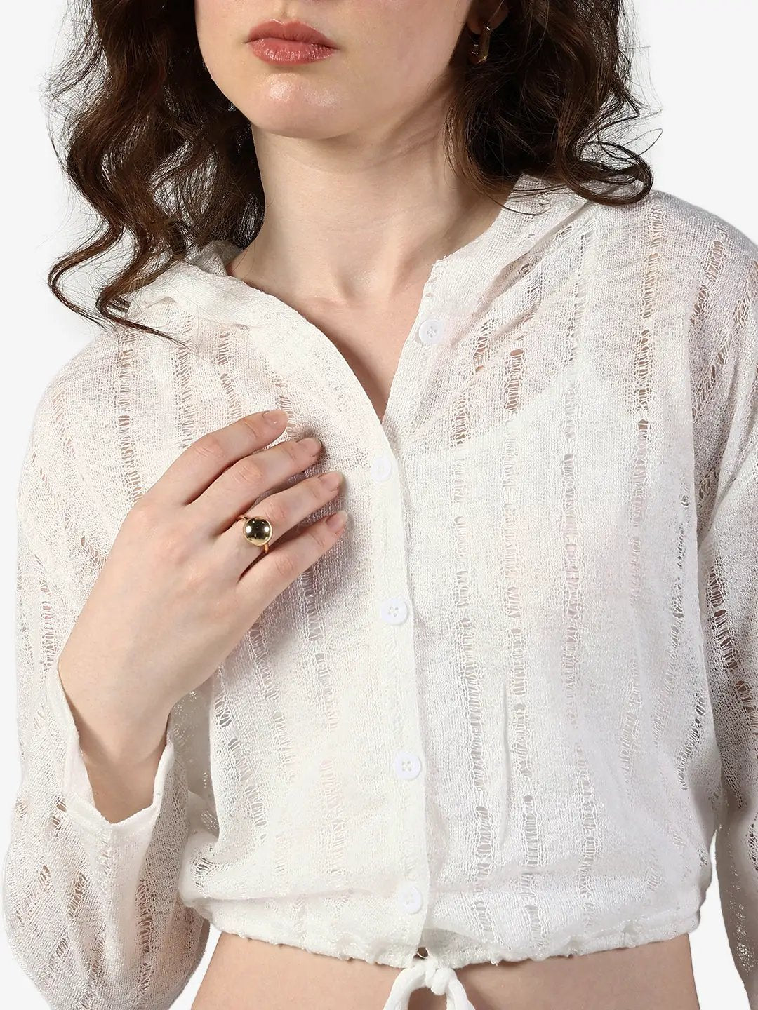 Women's Textured White Semi Sheer Hooded Crop Top with Inner - from SHOWOFFFF