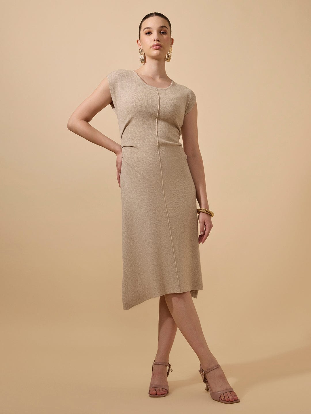 Women's Ribbed Beige Round Neck Midi Dress with Side Pleats