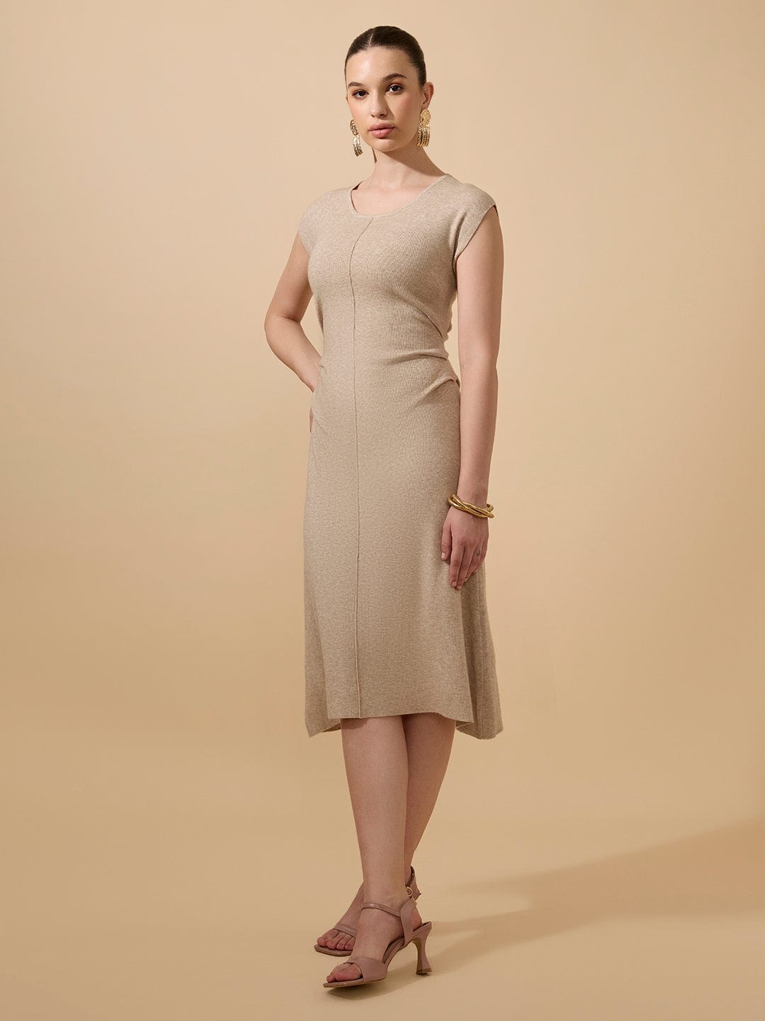 Women's Ribbed Beige Round Neck Midi Dress with Side Pleats