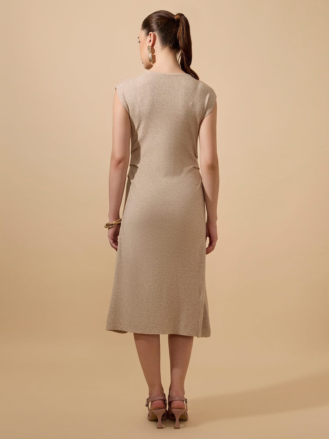 Women's Ribbed Beige Round Neck Midi Dress with Side Pleats
