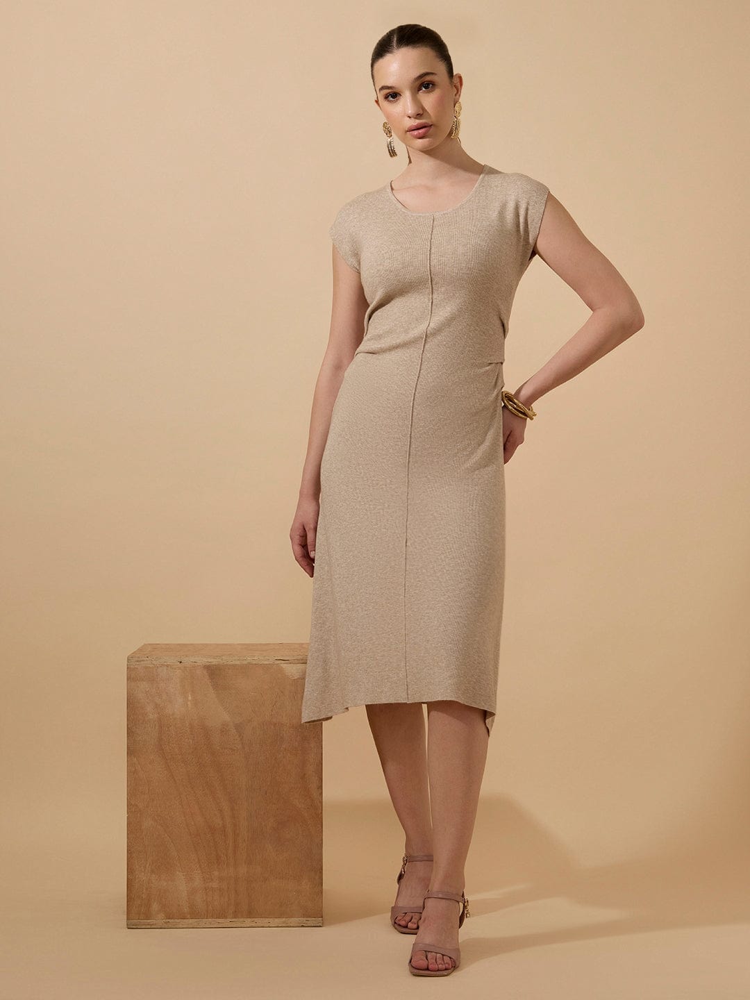 Women's Ribbed Beige Round Neck Midi Dress with Side Pleats