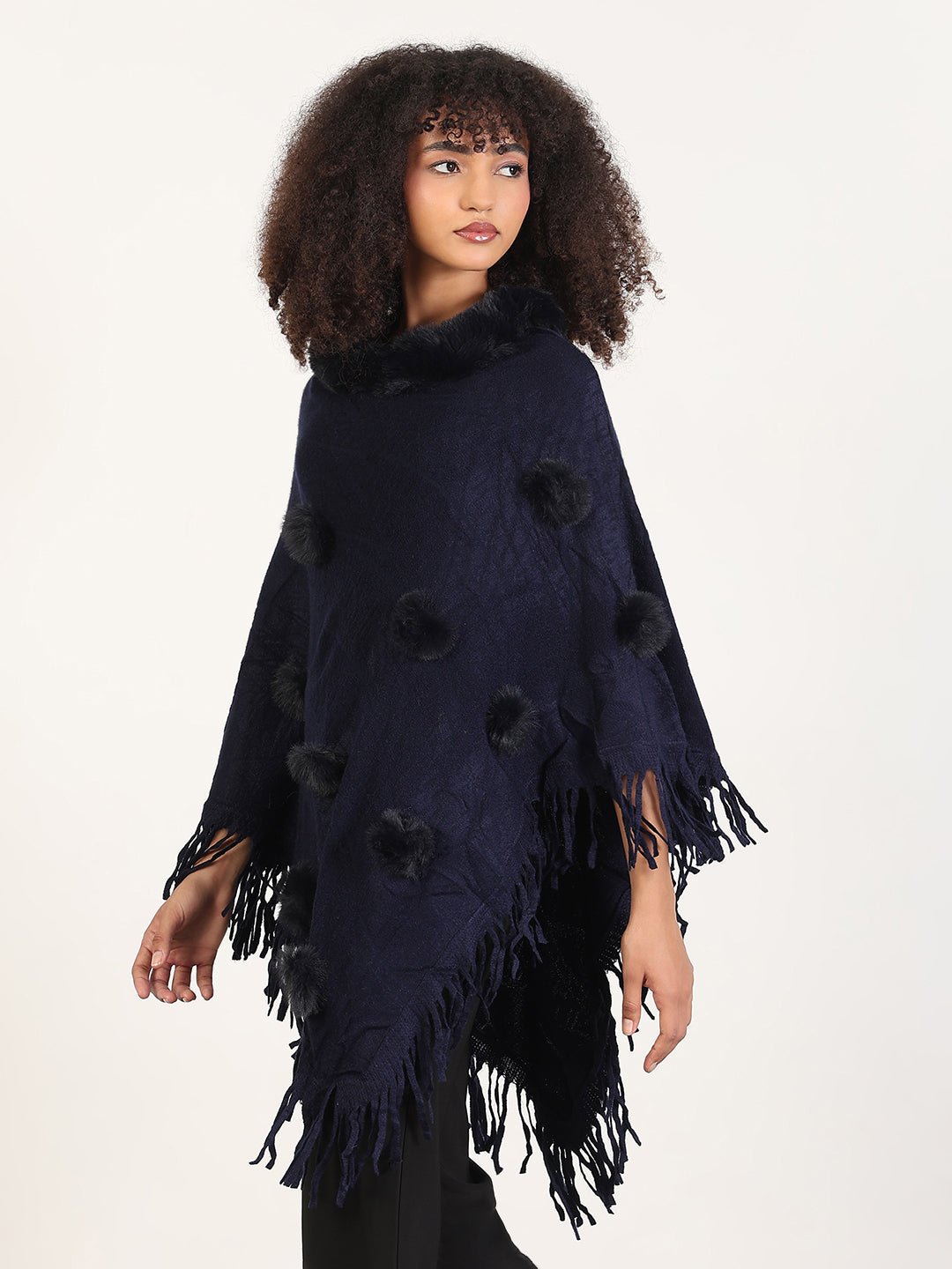 Women's Solid Navy Blue Fringed Edge Poncho