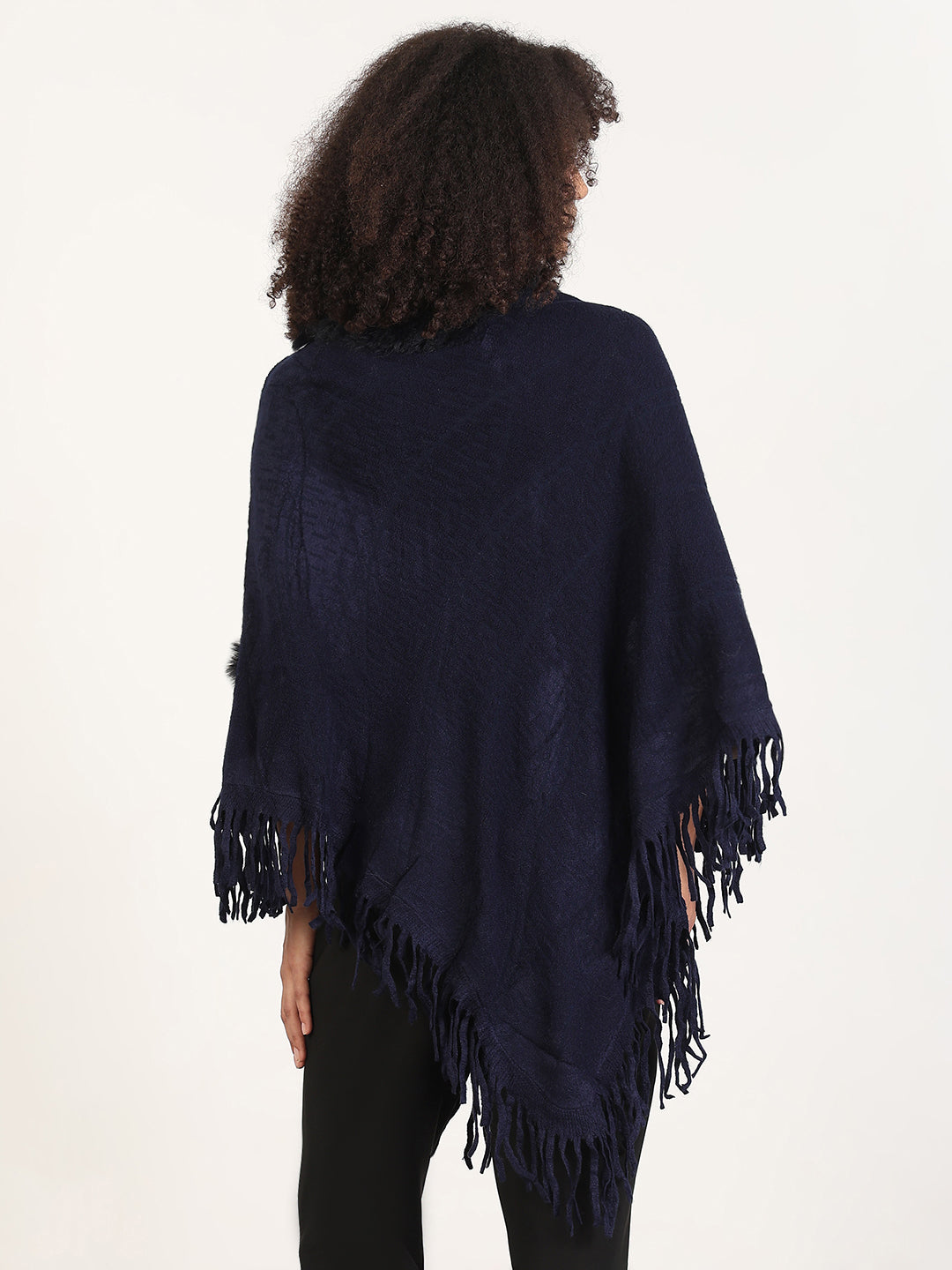 Women's Solid Navy Blue Fringed Edge Poncho