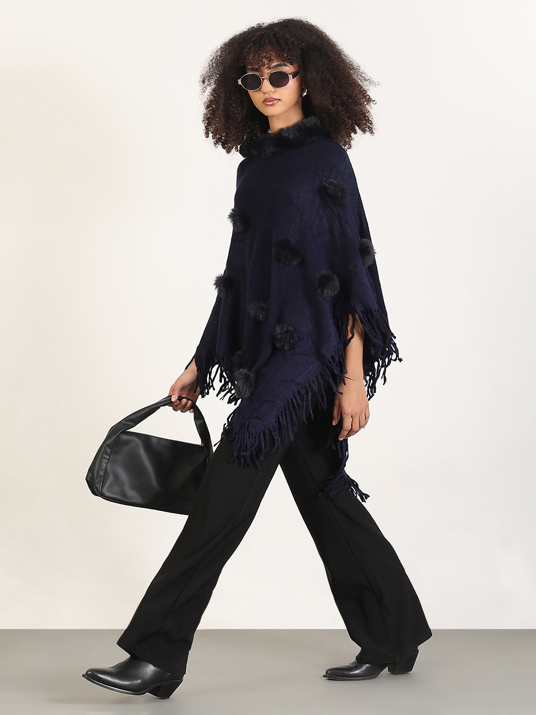 Women's Solid Navy Blue Fringed Edge Poncho