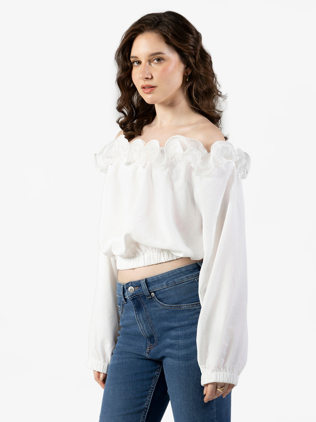 Women's Ruffled White Off Shoulder Top