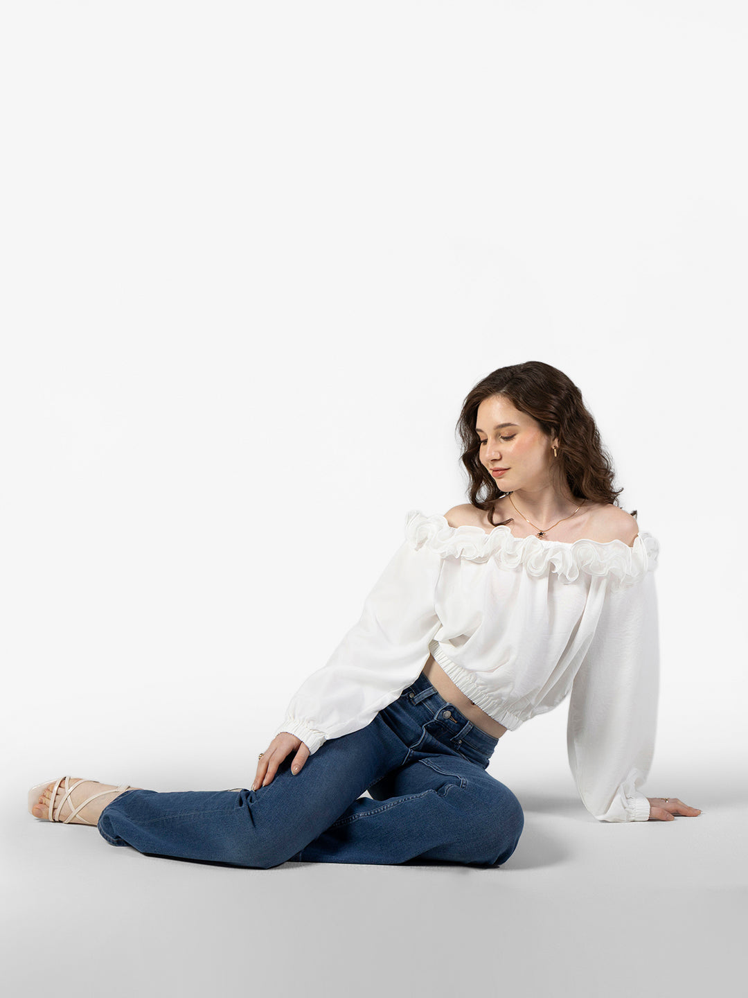 Women's Ruffled White Off Shoulder Top