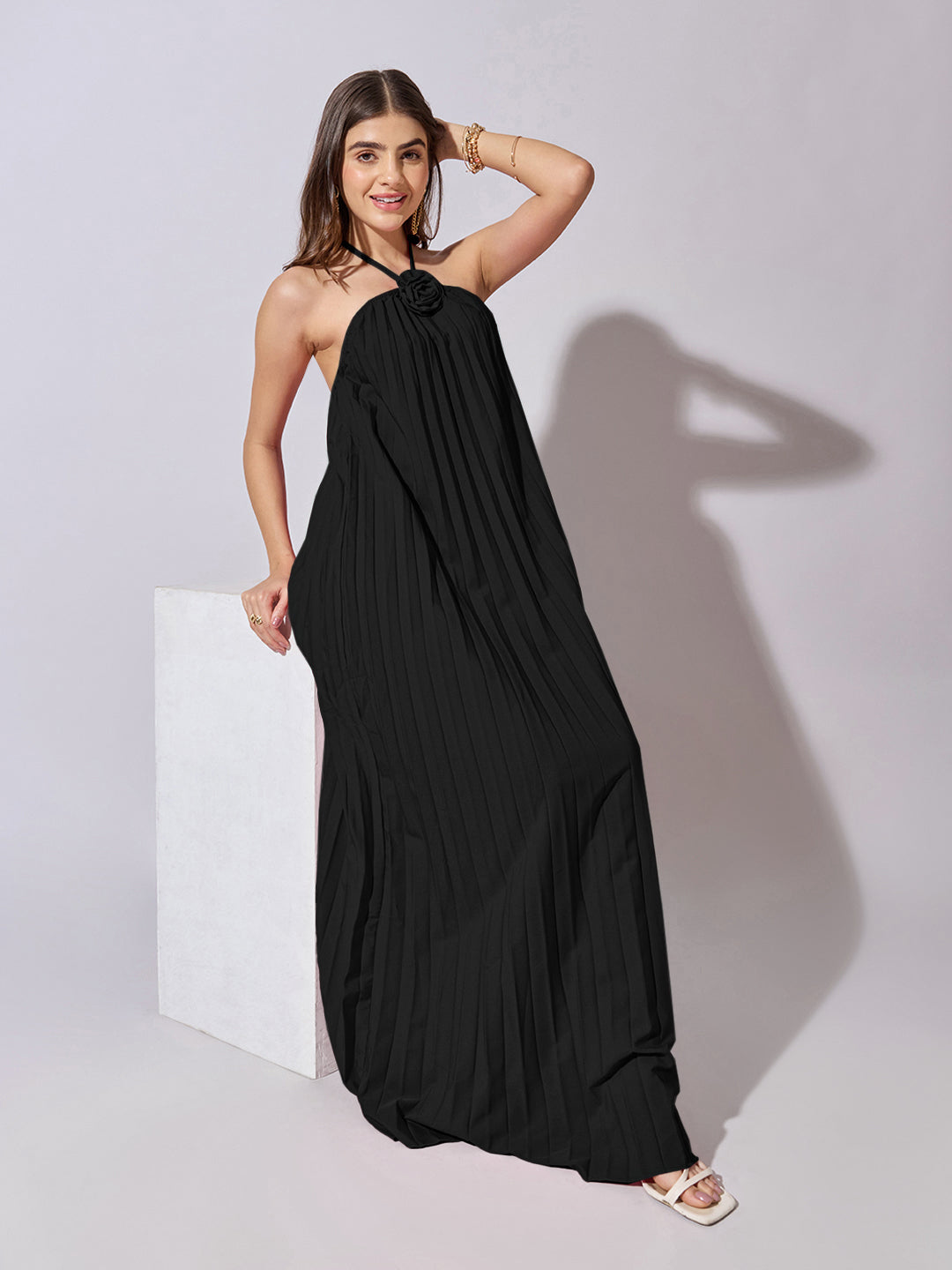 Women's Pleated Black Halter Neck Maxi Dress