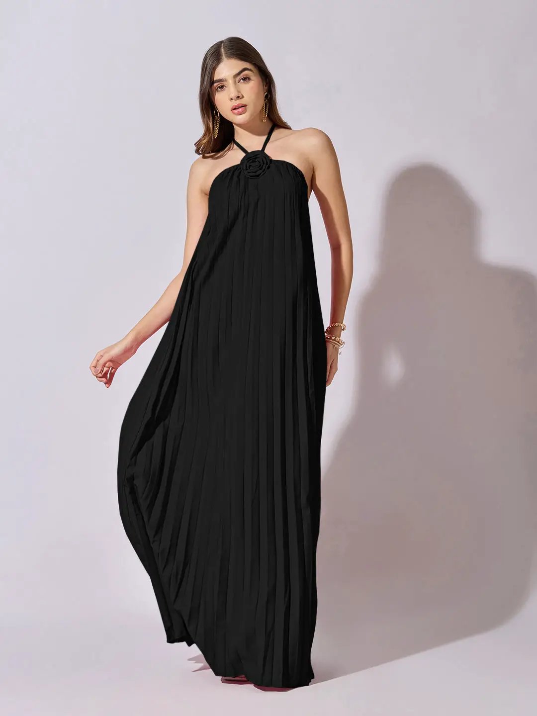 SHOWOFFFF Edition Women's Pleated Black Halter Neck Maxi Dress SHOWOFFFF Edition Women's Pleated Black Halter Neck Maxi Dress