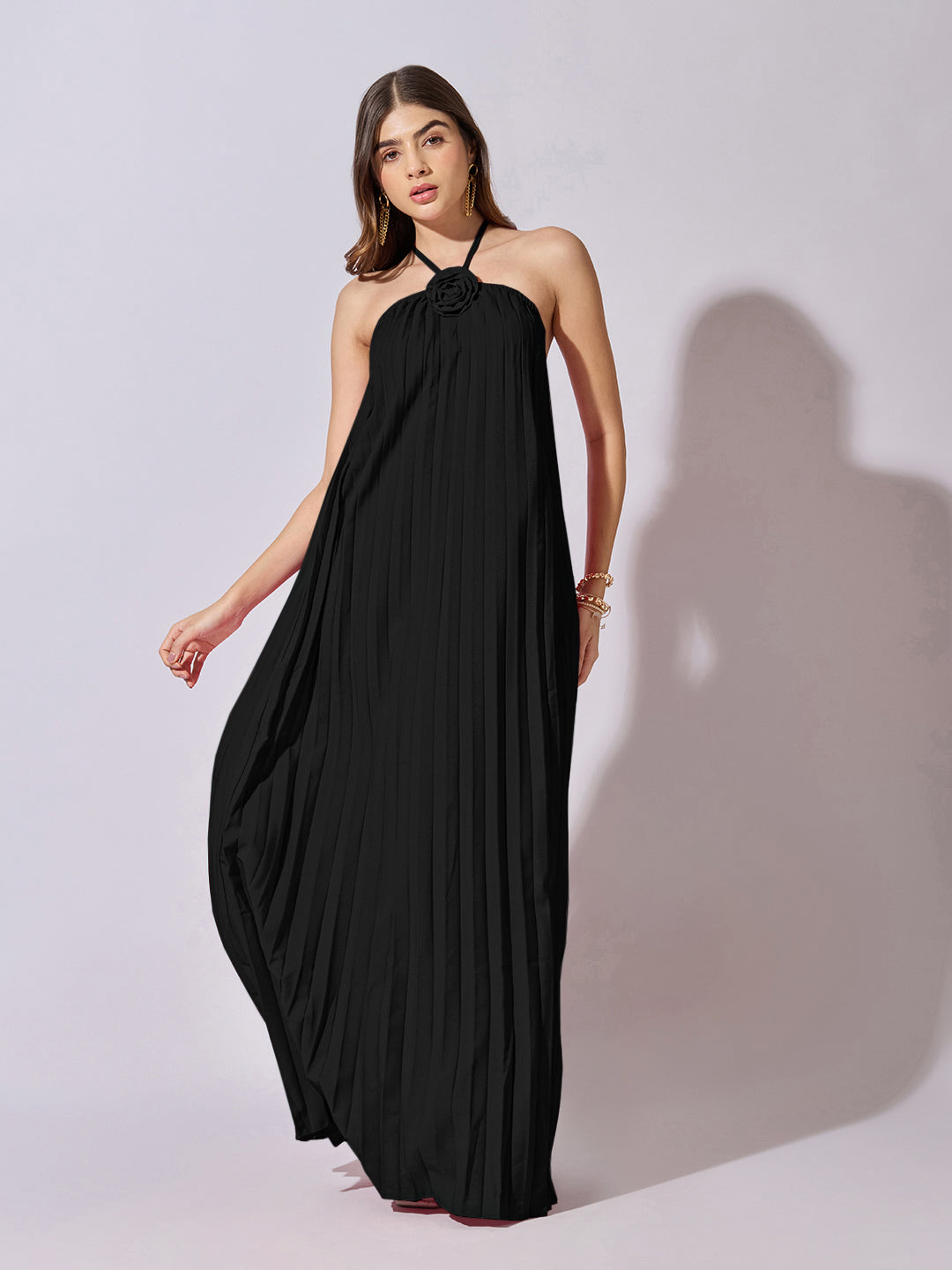 Women's Pleated Black Halter Neck Maxi Dress