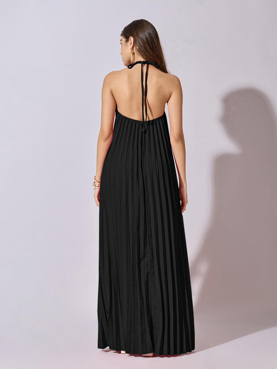 Women's Pleated Black Halter Neck Maxi Dress