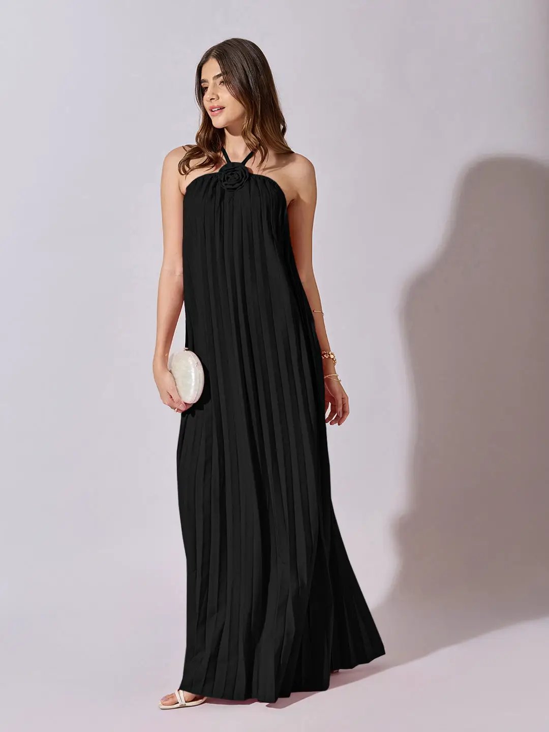SHOWOFFFF Edition Women's Pleated Black Halter Neck Maxi Dress SHOWOFFFF Edition Women's Pleated Black Halter Neck Maxi Dress
