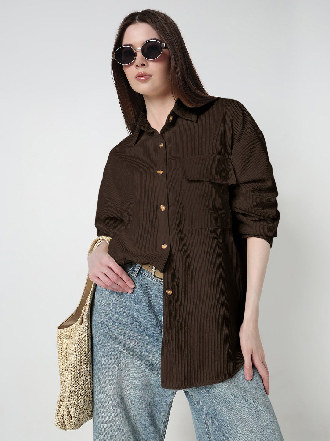 Women's Brown Corduroy Relaxed Fit Shirt with Chest Pockets