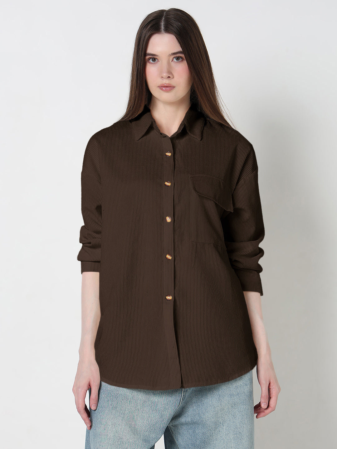 Women's Brown Corduroy Relaxed Fit Shirt with Chest Pockets