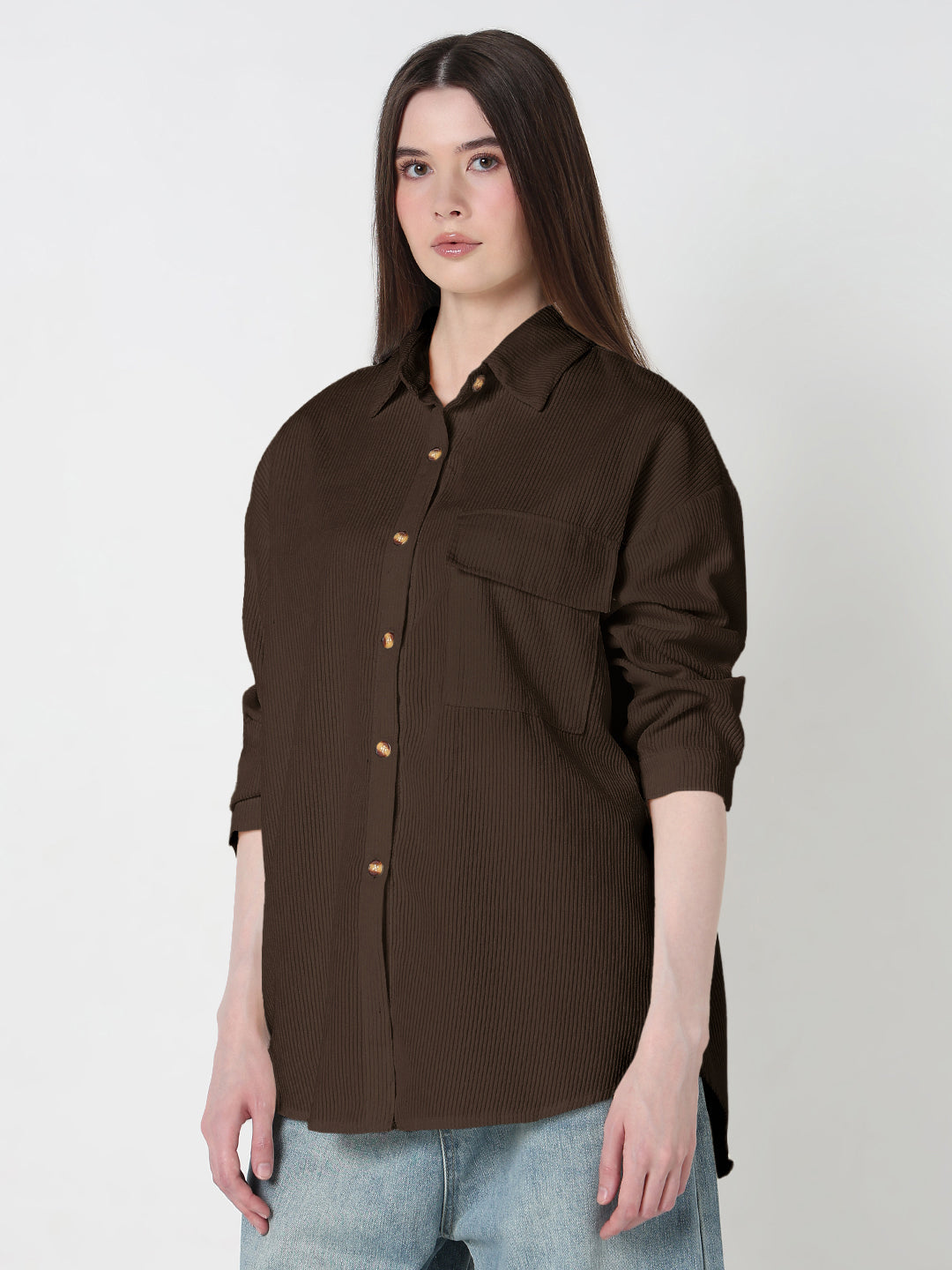 Women's Brown Corduroy Relaxed Fit Shirt with Chest Pockets