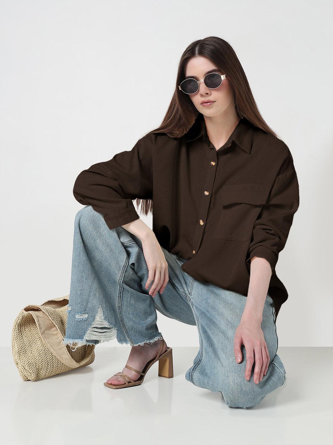 Women's Brown Corduroy Relaxed Fit Shirt with Chest Pockets