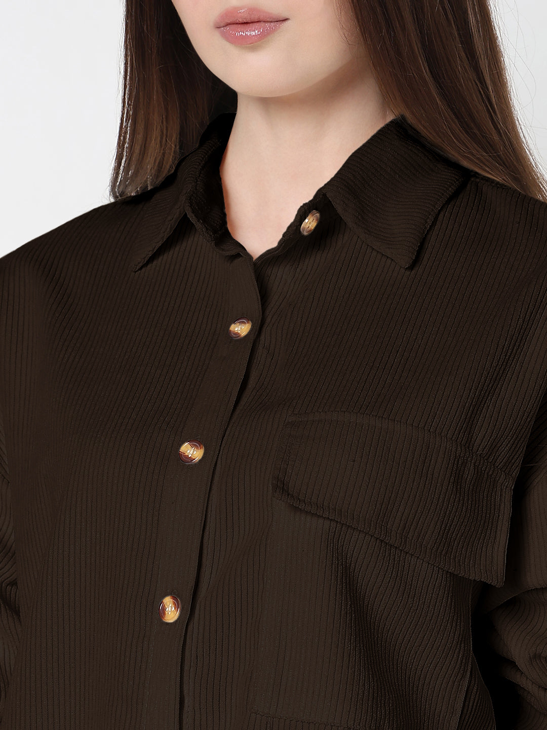 Women's Brown Corduroy Relaxed Fit Shirt with Chest Pockets