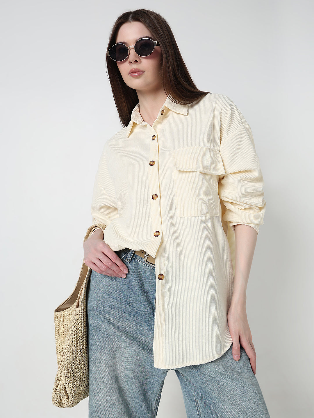 Women's Cream Corduroy Relaxed Fit Shirt with Chest Pockets