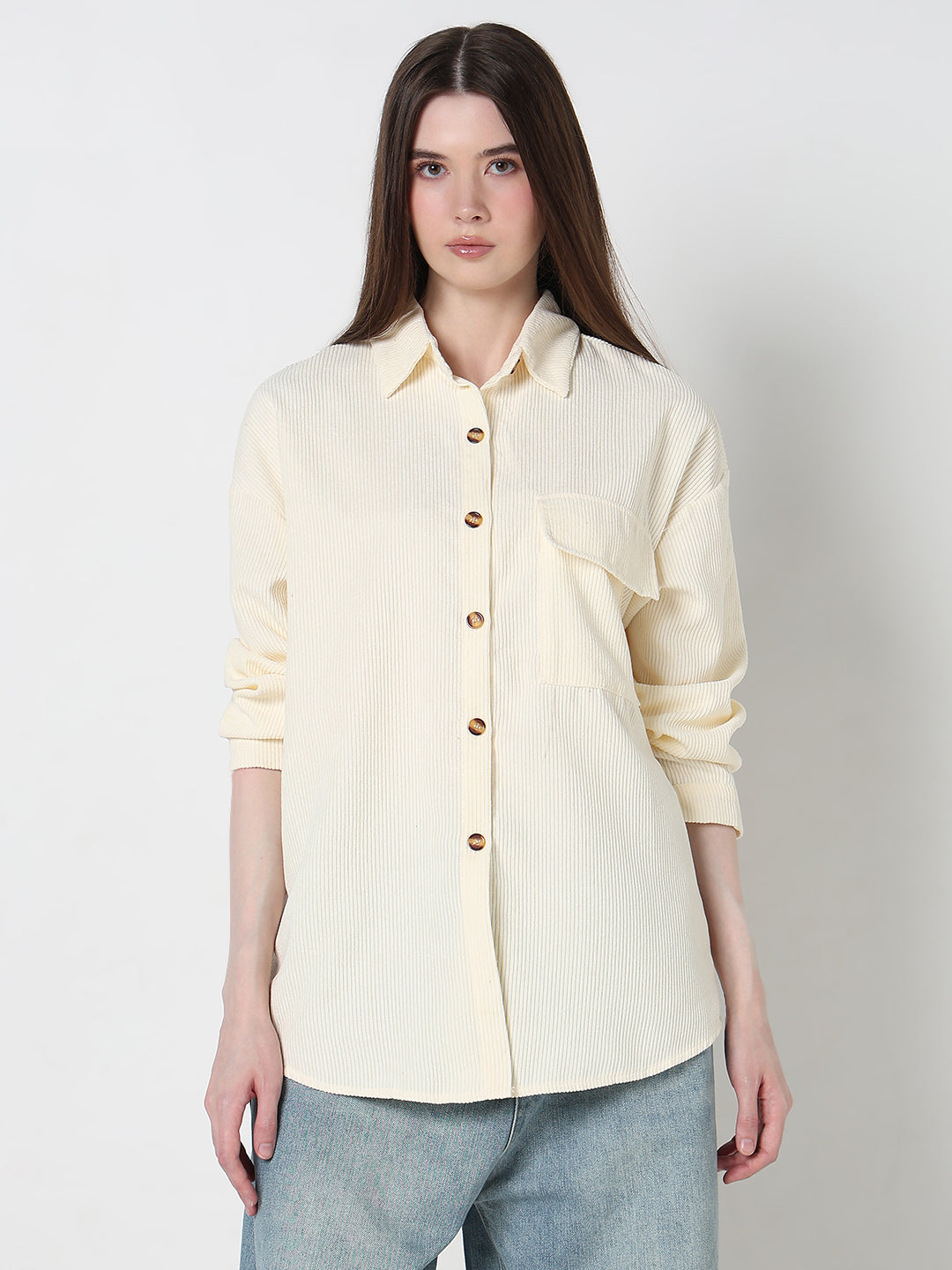 Women's Cream Corduroy Relaxed Fit Shirt with Chest Pockets