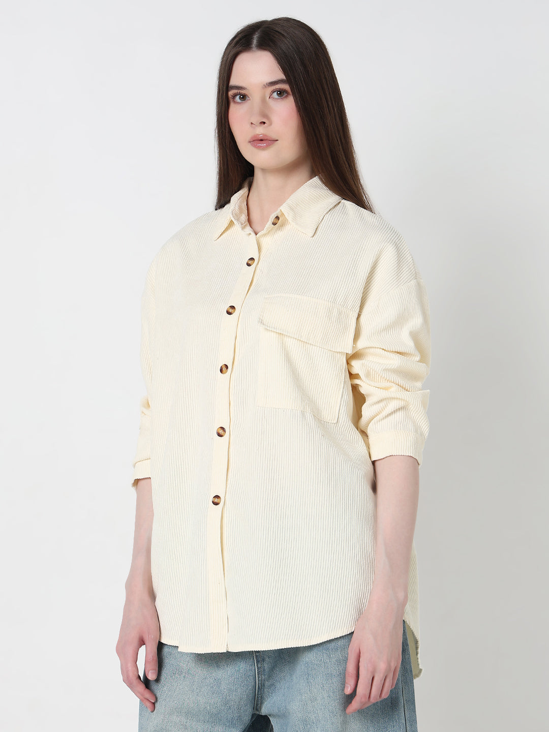 Women's Cream Corduroy Relaxed Fit Shirt with Chest Pockets