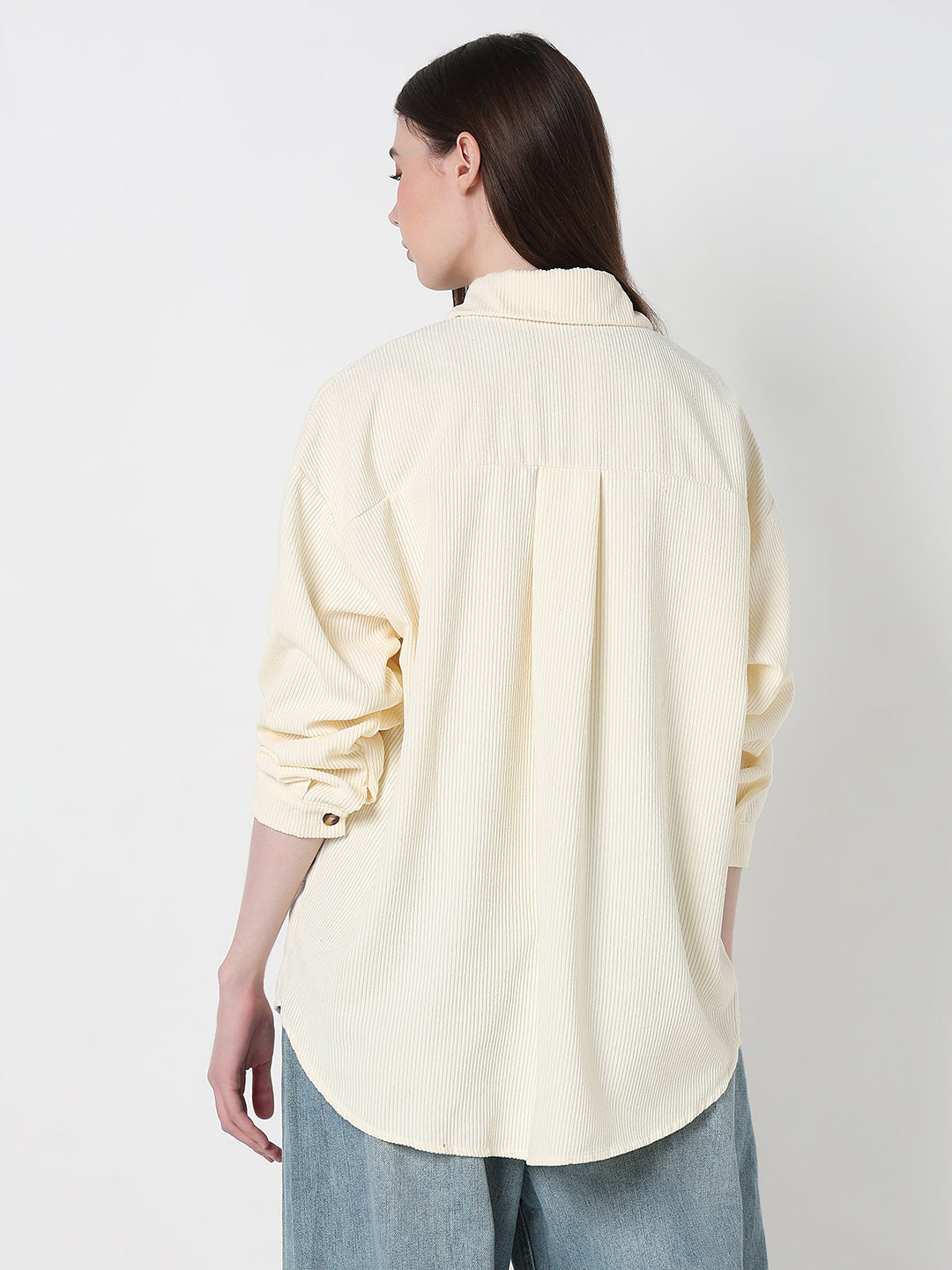 Women's Cream Corduroy Relaxed Fit Shirt with Chest Pockets