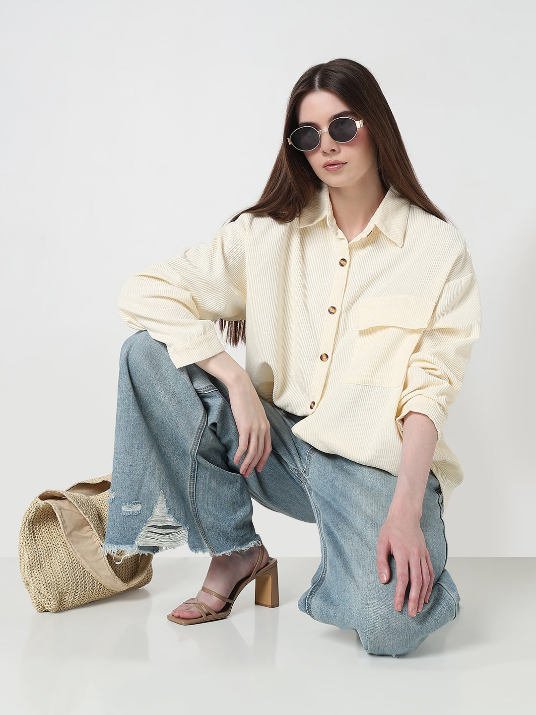 Women's Cream Corduroy Relaxed Fit Shirt with Chest Pockets