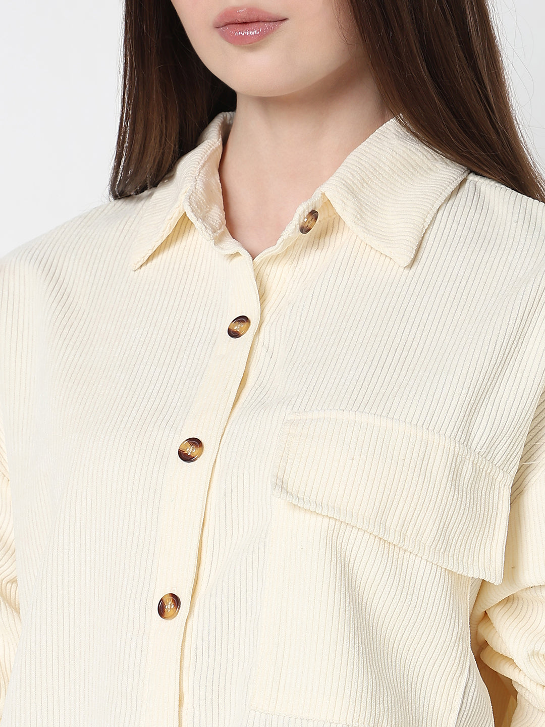 Women's Cream Corduroy Relaxed Fit Shirt with Chest Pockets