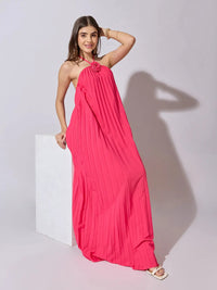 Women's Pleated Pink Halter Neck Maxi Dress