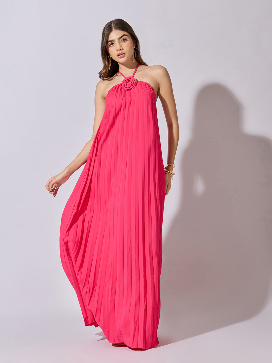 Women's Pleated Pink Halter Neck Maxi Dress