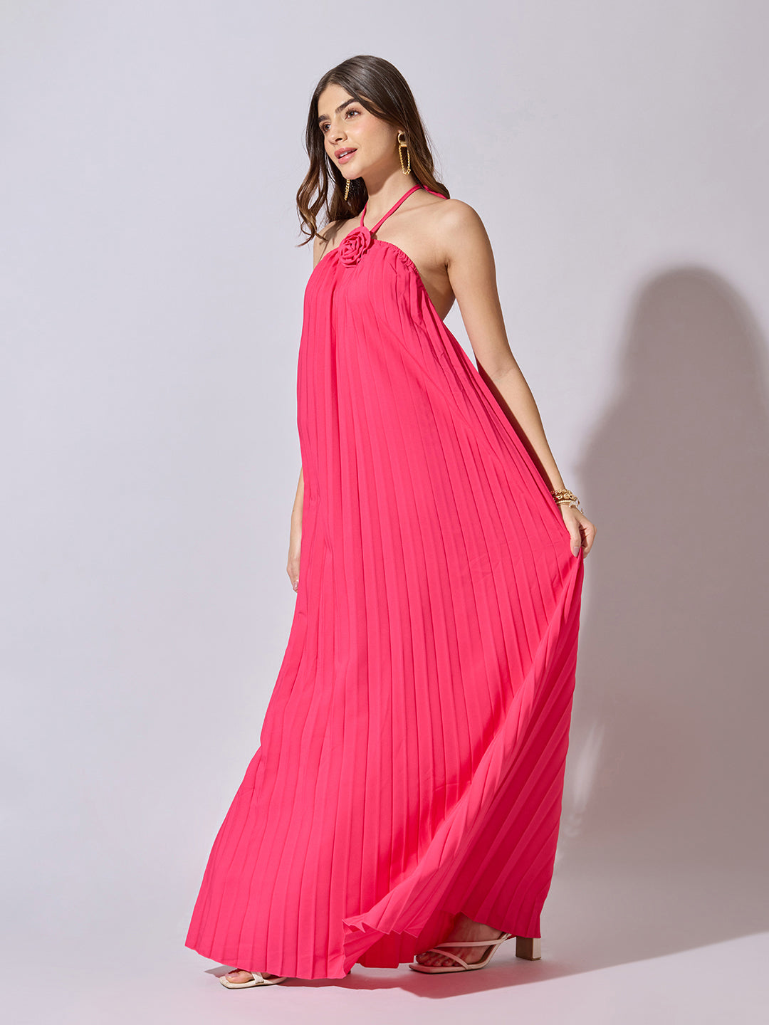 Women's Pleated Pink Halter Neck Maxi Dress