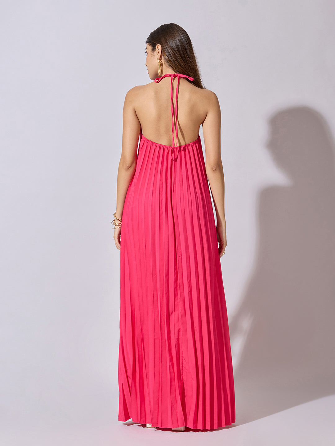 Women's Pleated Pink Halter Neck Maxi Dress