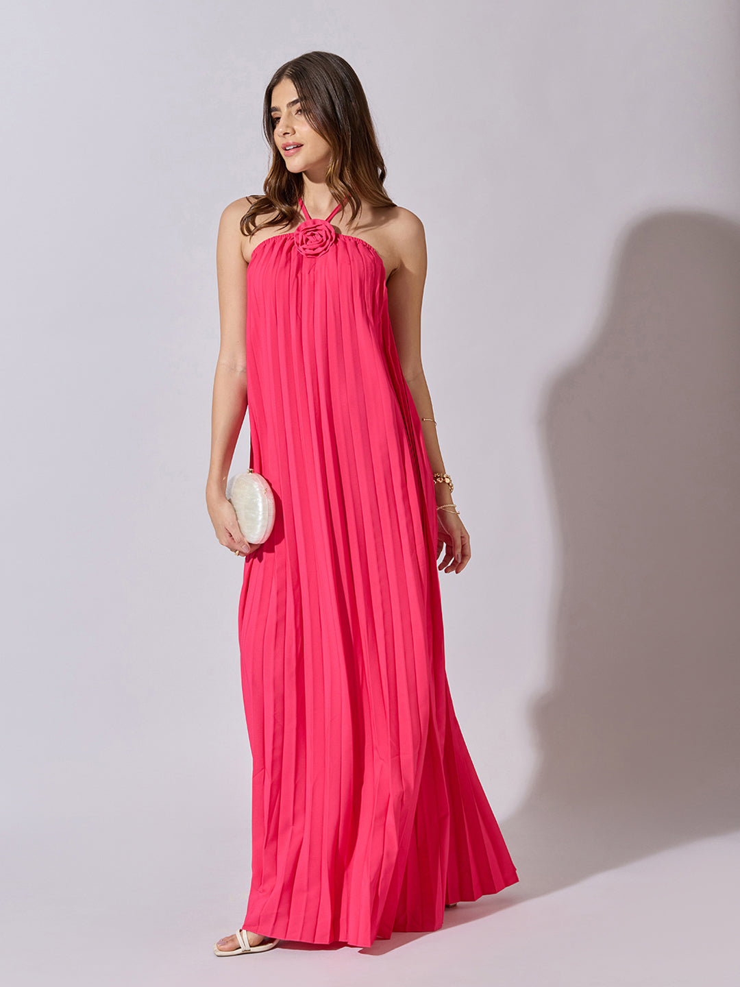 Women's Pleated Pink Halter Neck Maxi Dress
