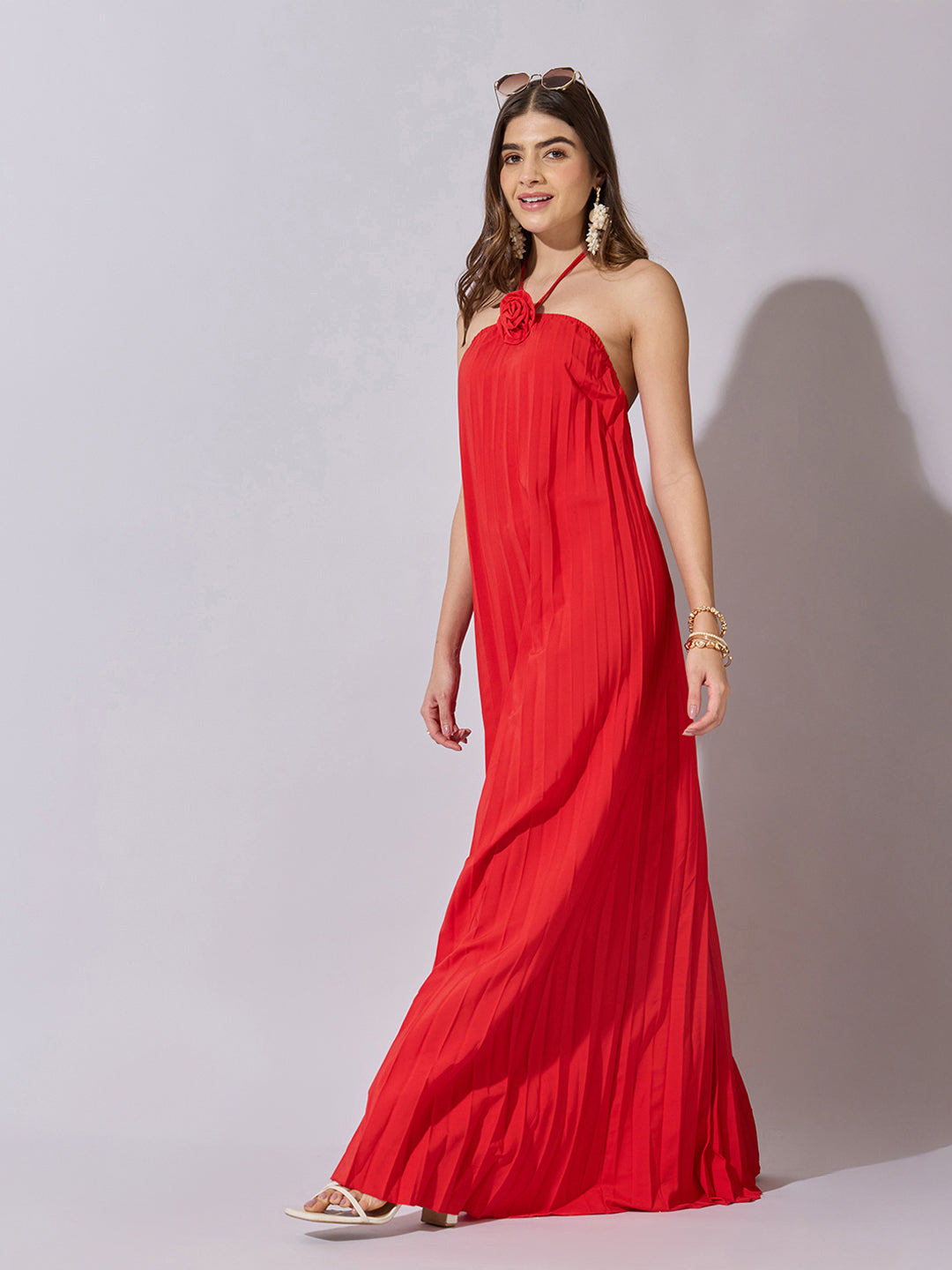 Women's Pleated Red Halter Neck Maxi Dress