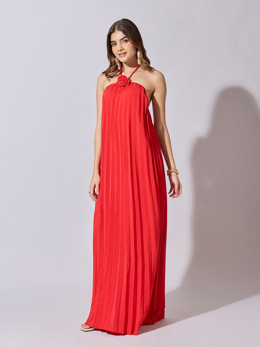Women's Pleated Red Halter Neck Maxi Dress
