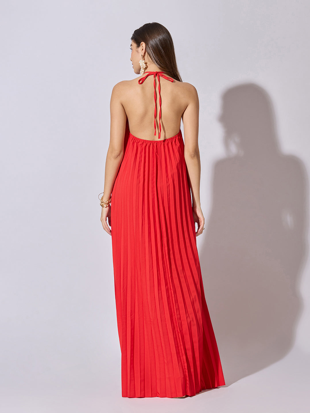 Women's Pleated Red Halter Neck Maxi Dress