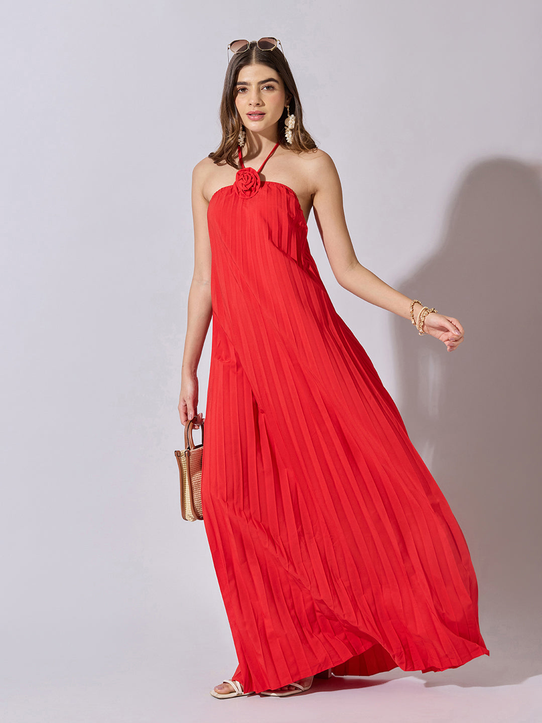 Women's Pleated Red Halter Neck Maxi Dress