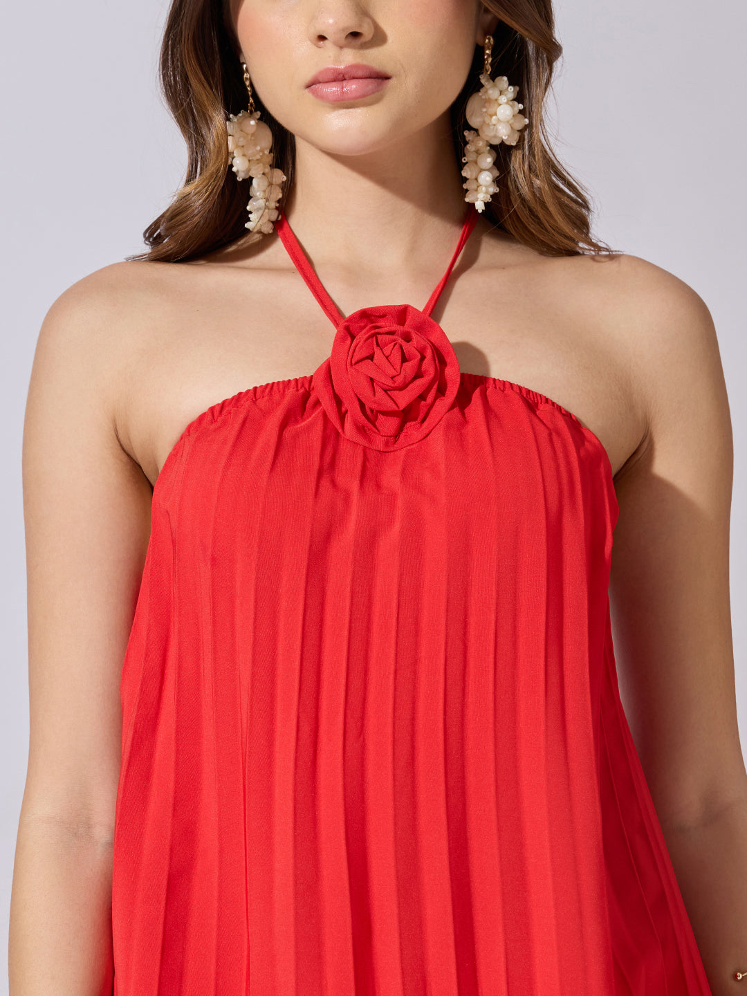 Women's Pleated Red Halter Neck Maxi Dress