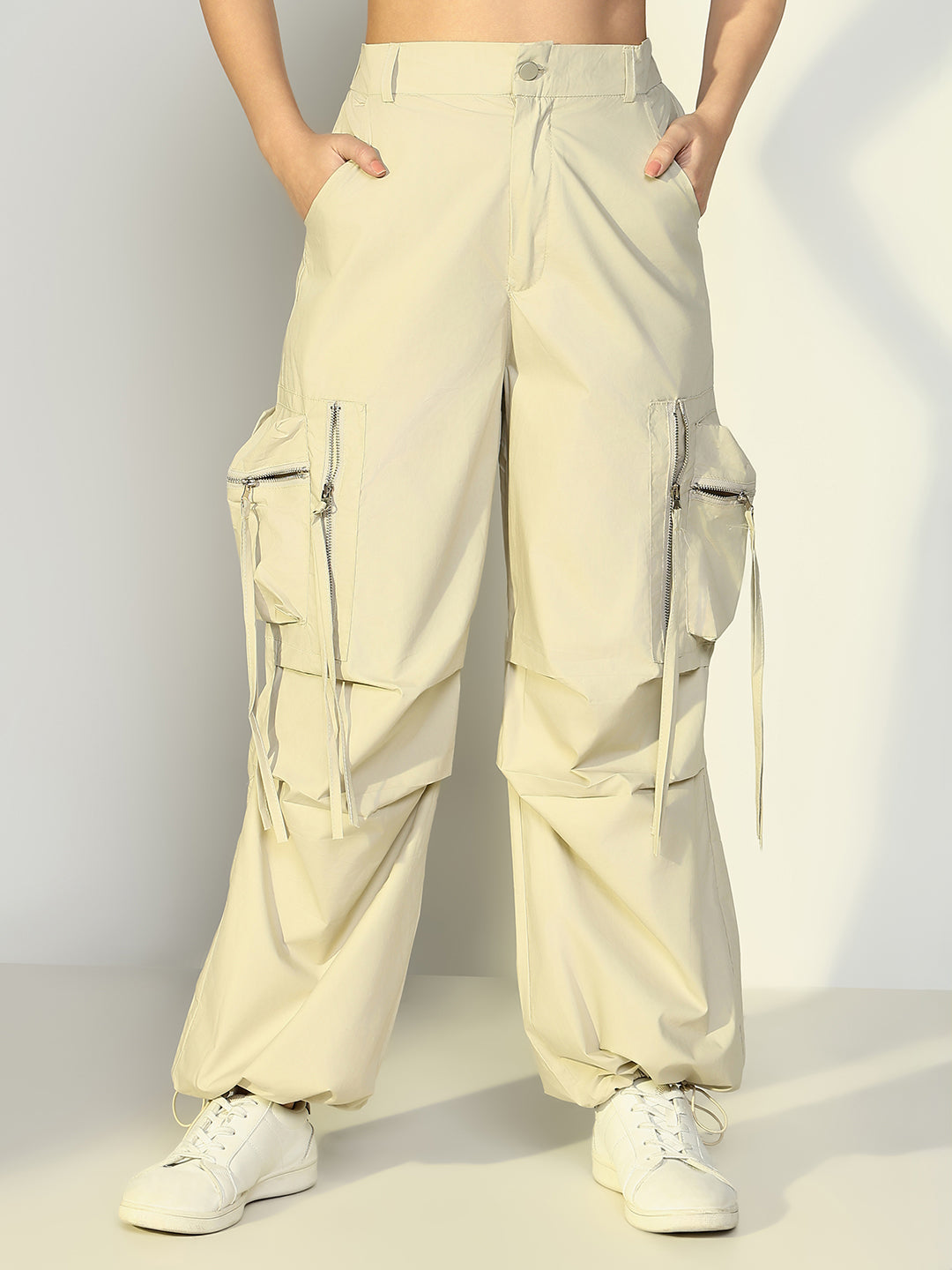 Women Solid Beige Parachute Trouser